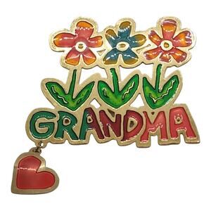 Grandma Grandmother Flower Enamel Brooch Pin Dangling Heart Multicolor Gold Tone